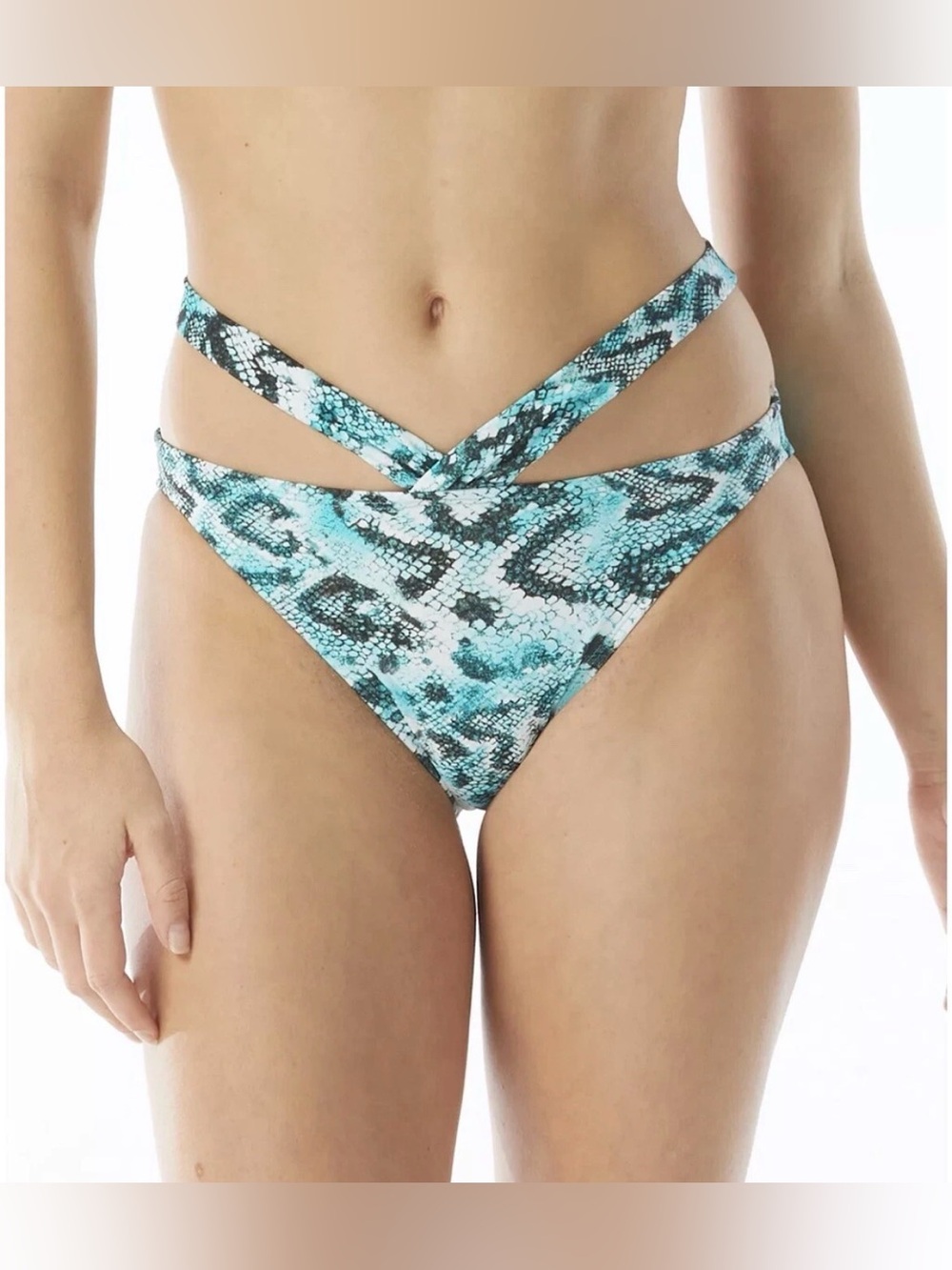 Sundazed Riley Snake-Print Stappy Bikini Bottoms, Aqua/Black, Small, $25